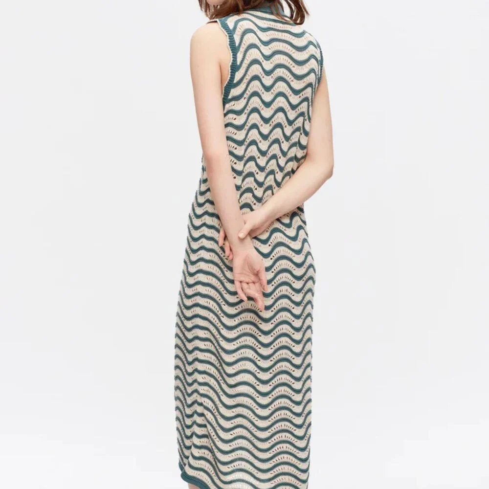 NWT Kotn Sabah Open Knit Striped Button Down Cotton Collared Dress - Picture 3 of 7